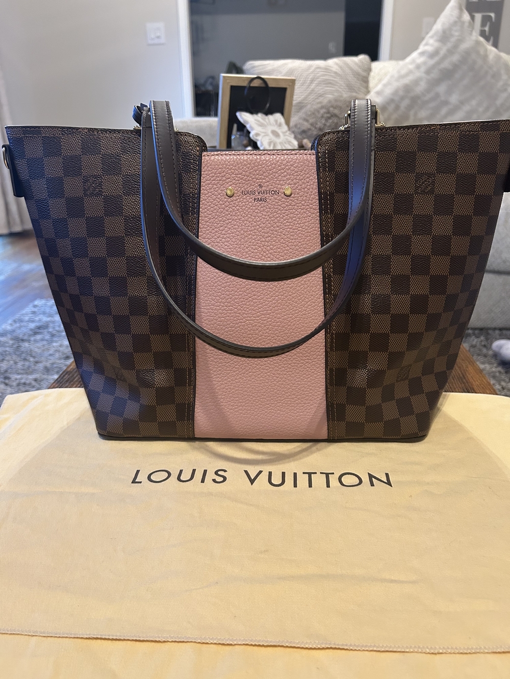Louis Vuitton Damier Ebene Tote in Dark Brown and Chocolate with Gold Hardware